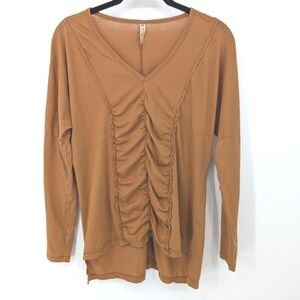 XCVI Ruched V-Neck Top Womens XS Tan Long Sleeve Cotton Boho Earthy Lightweight